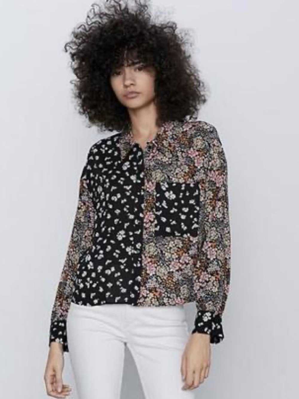 Zara Black Floral Patchwork Button-Down Shirt